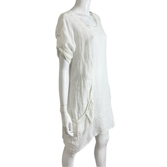 Vansa 100% Linen Short‎ Sleeve White Boho Midi Dress - Picture 3 of 8